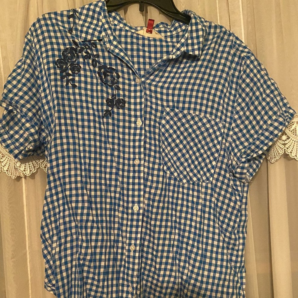 Checkered Button Down w/ Lace Detail